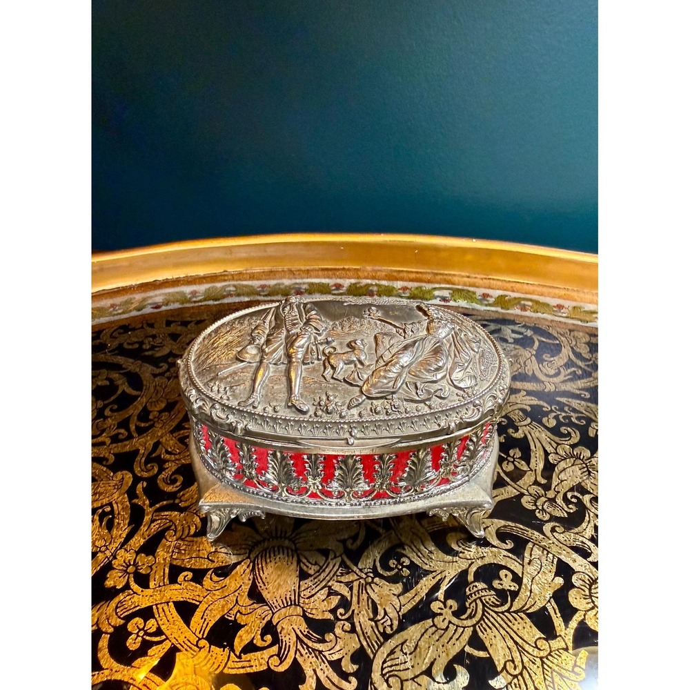 Vintage‎ Metal Jewelry Casket with Red Velvet Interior